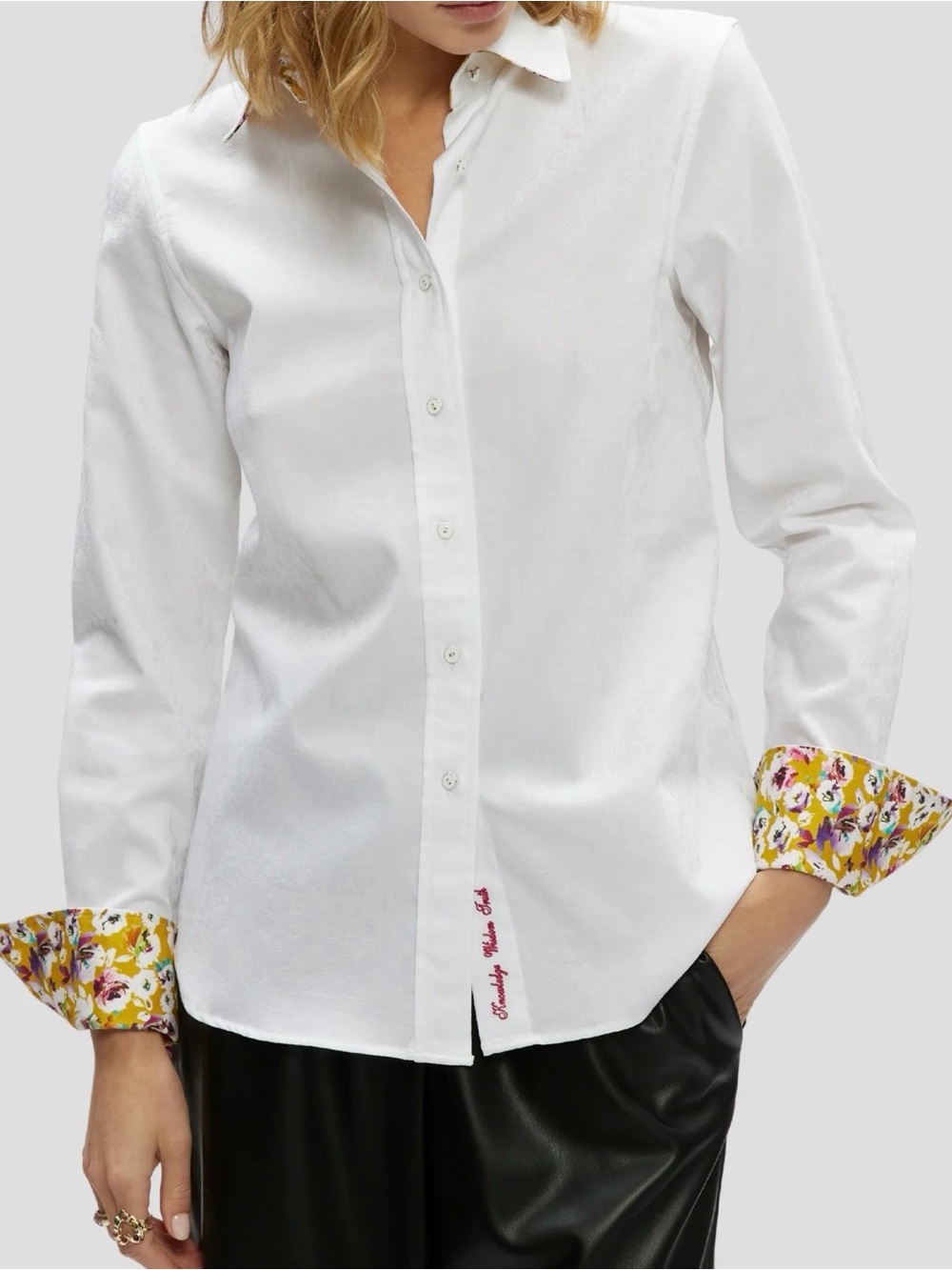 Robert Graham Priscilla White Jacquard Button Front Shirt Floral Contrast Trim